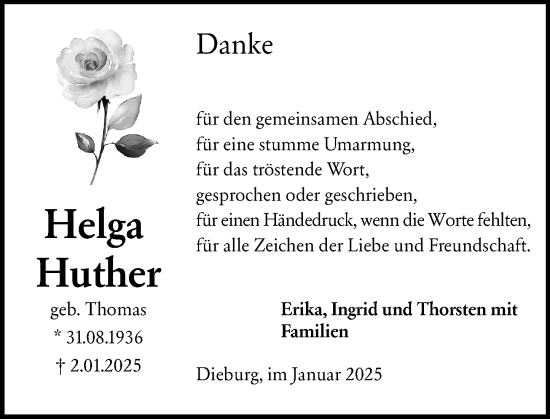 Traueranzeige von Helga Huther von Dieburger Anzeiger/Groß-Zimmerner Lokal-Anzeiger