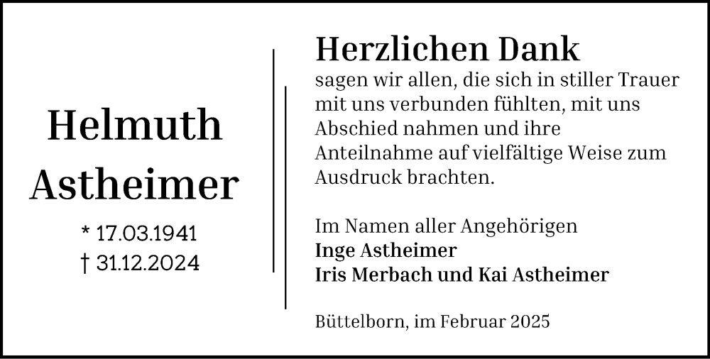  Traueranzeige für Helmuth Astheimer vom 08.02.2025 aus Groß-Gerauer Echo