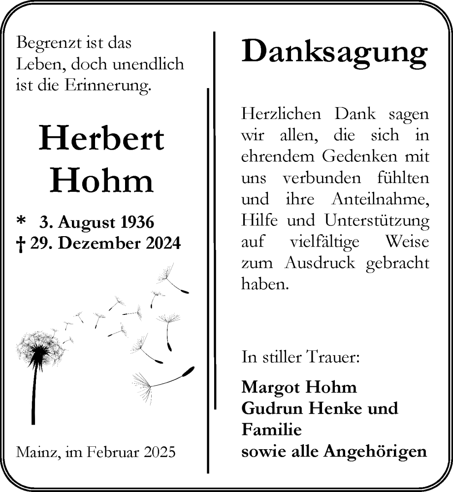  Traueranzeige für Herbert Hohm vom 08.02.2025 aus Allgemeine Zeitung Mainz