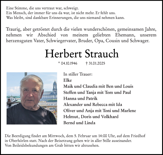 Traueranzeige von Herbert Strauch von Hinterländer Anzeiger