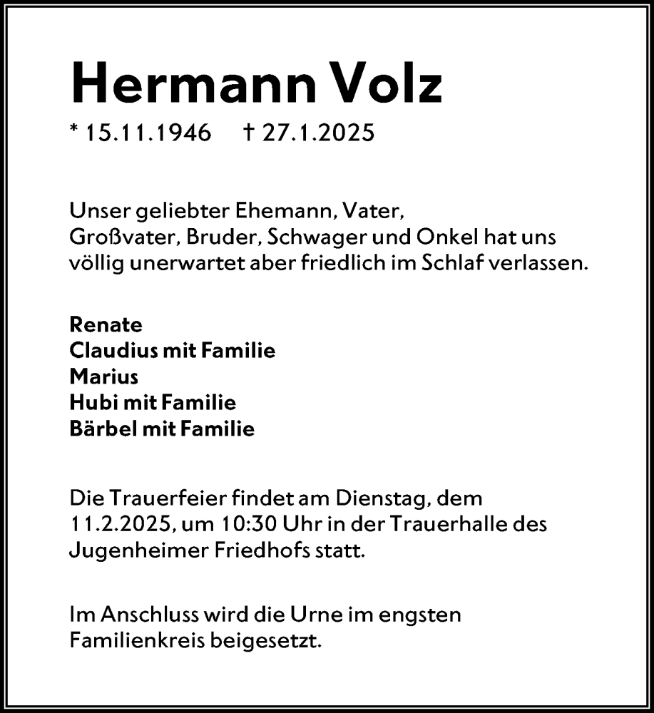  Traueranzeige für Hermann Volz vom 01.02.2025 aus Darmstädter Echo