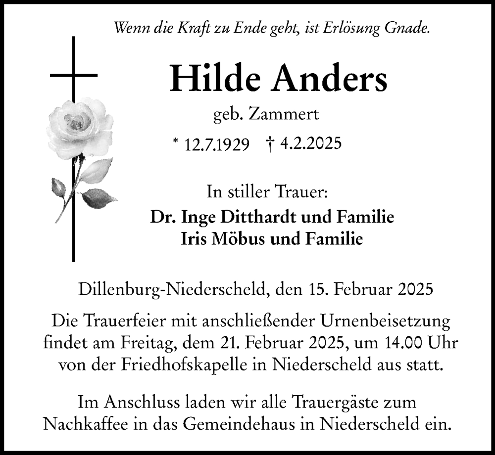  Traueranzeige für Hilde Anders vom 15.02.2025 aus Dill Block