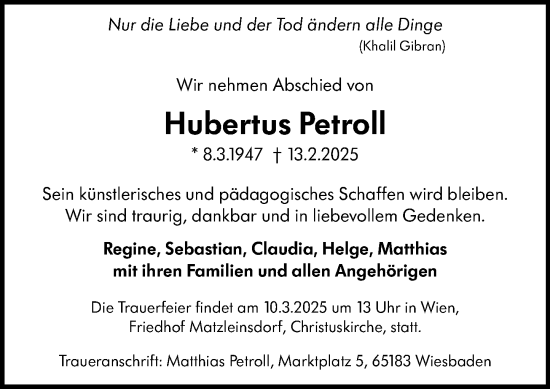 Traueranzeige von Hubertus Petroll von Wiesbadener Kurier