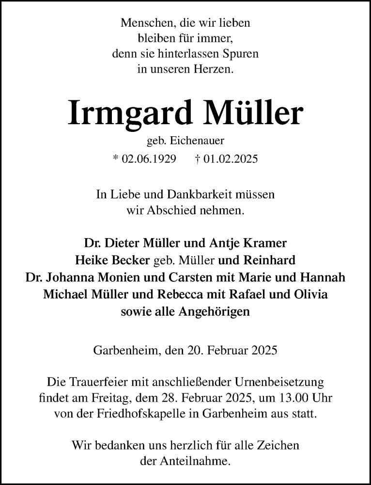  Traueranzeige für Irmgard Müller vom 22.02.2025 aus Wetzlarer Neue Zeitung