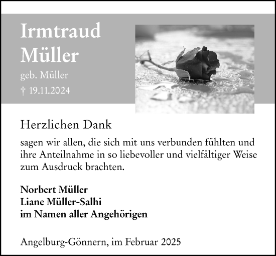 Traueranzeige von Irmtraud Müller von Hinterländer Anzeiger