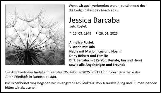 Traueranzeige von Jessica Barcaba von Darmstädter Echo