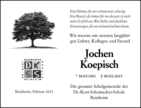 Traueranzeige von Jochen Koepisch von Darmstädter Echo