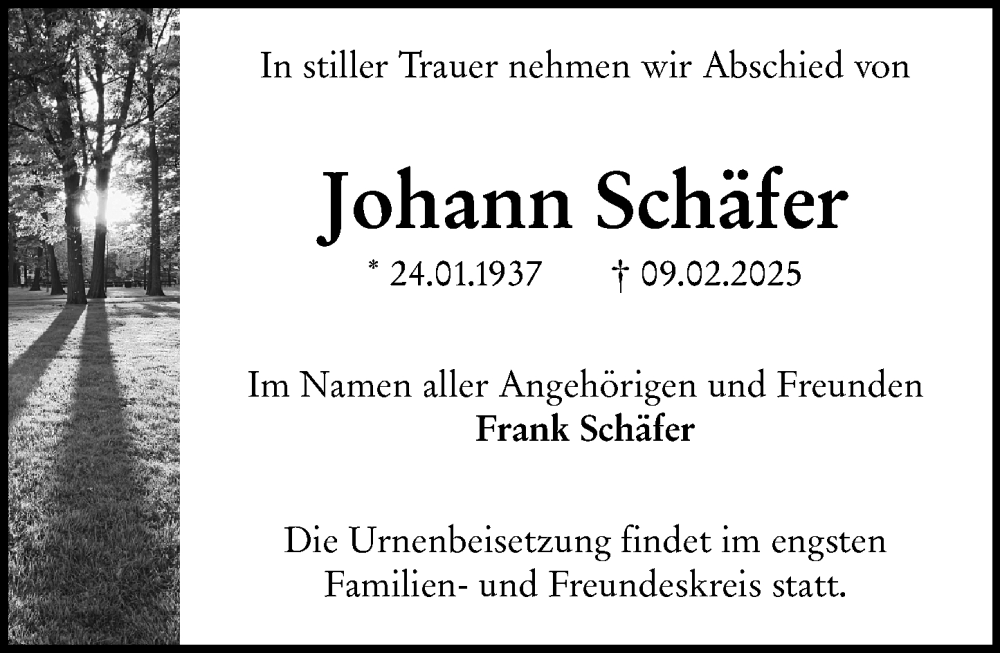  Traueranzeige für Johann Schäfer vom 15.02.2025 aus Wormser Zeitung