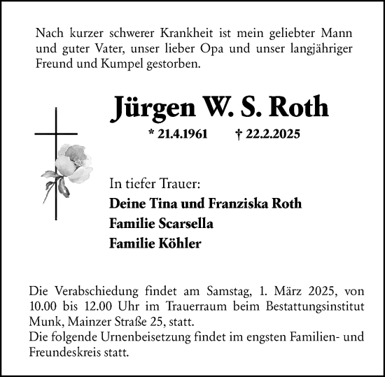 Traueranzeige von Jürgen W. S. Roth von Hochheimer Zeitung