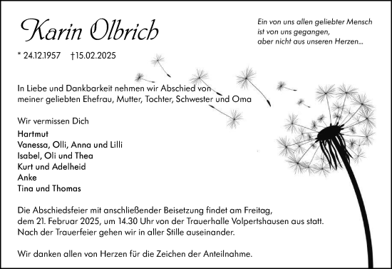 Traueranzeige von Karin Olbrich von Wetzlarer Neue Zeitung