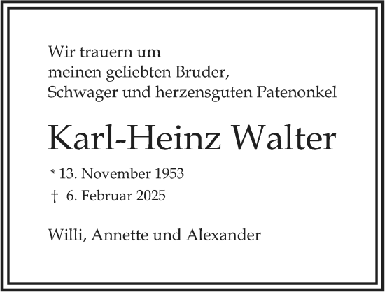 Traueranzeige von Karl-Heinz Walter von Allgemeine Zeitung Mainz