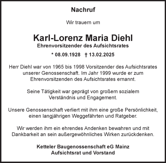 Traueranzeige von Karl-Lorenz Maria Diehl von Allgemeine Zeitung Mainz