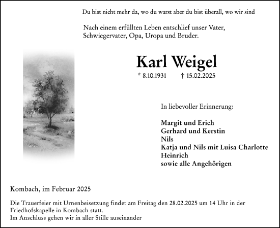 Traueranzeige von Karl Weigel von Hinterländer Anzeiger