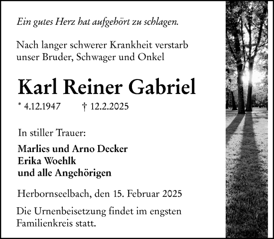 Traueranzeige von Karl Reiner Gabriel von Dill Block