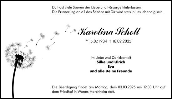 Traueranzeige von Karolina Scholl von Wormser Zeitung