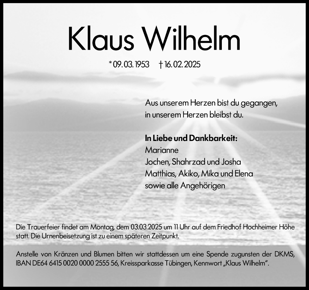  Traueranzeige für Klaus Wilhelm vom 26.02.2025 aus Wormser Zeitung