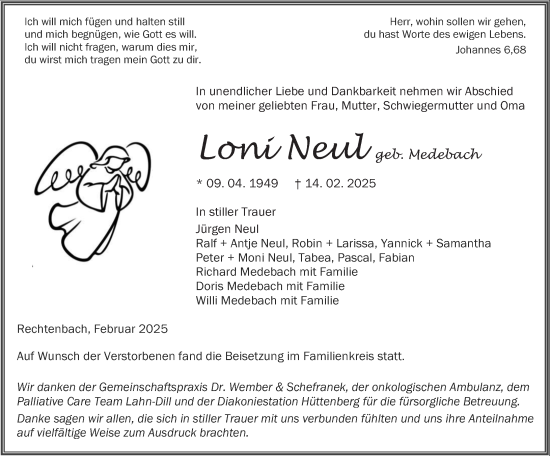 Traueranzeige von Loni Neul von Wetzlarer Neue Zeitung