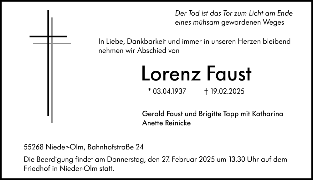  Traueranzeige für Lorenz Faust vom 22.02.2025 aus Allgemeine Zeitung Mainz