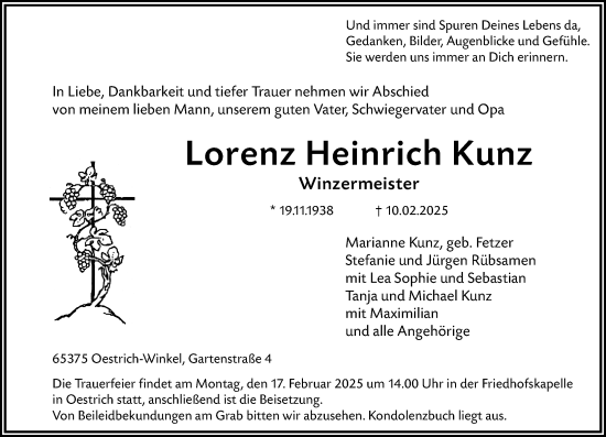 Traueranzeige von Lorenz Heinrich Kunz von Wiesbadener Kurier