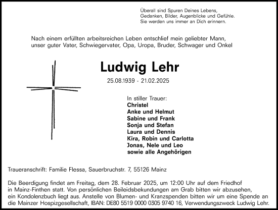 Traueranzeige von Ludwig Lehr von Allgemeine Zeitung Mainz