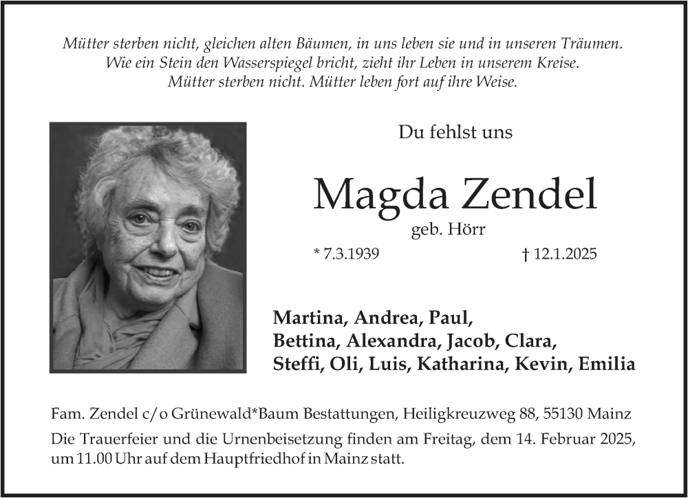  Traueranzeige für Magda Zendel vom 08.02.2025 aus Allgemeine Zeitung Mainz