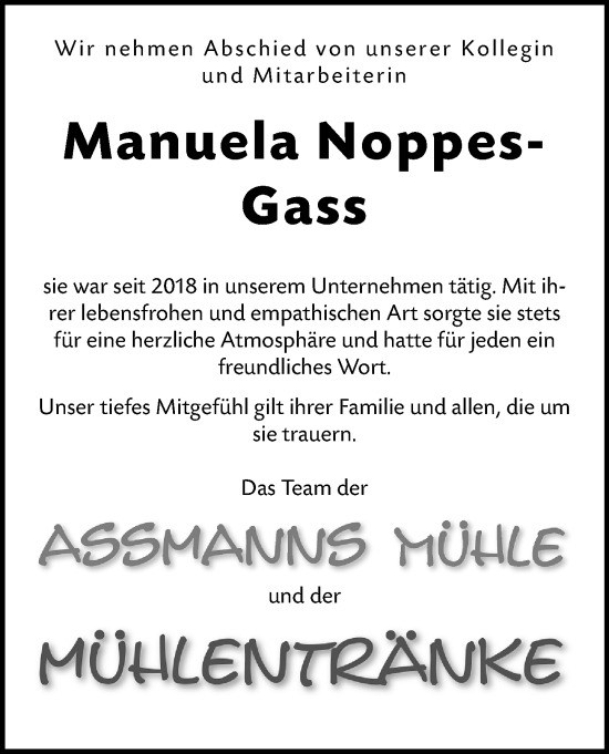 Traueranzeige von Manuela Noppes-Gass von Hinterländer Anzeiger