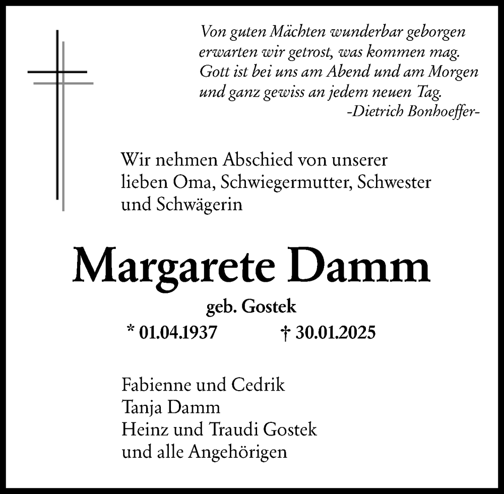  Traueranzeige für Margarete Damm vom 15.02.2025 aus Wiesbadener Kurier