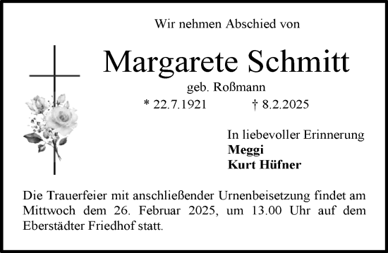 Traueranzeige von Margarete Schmitt von Darmstädter Echo