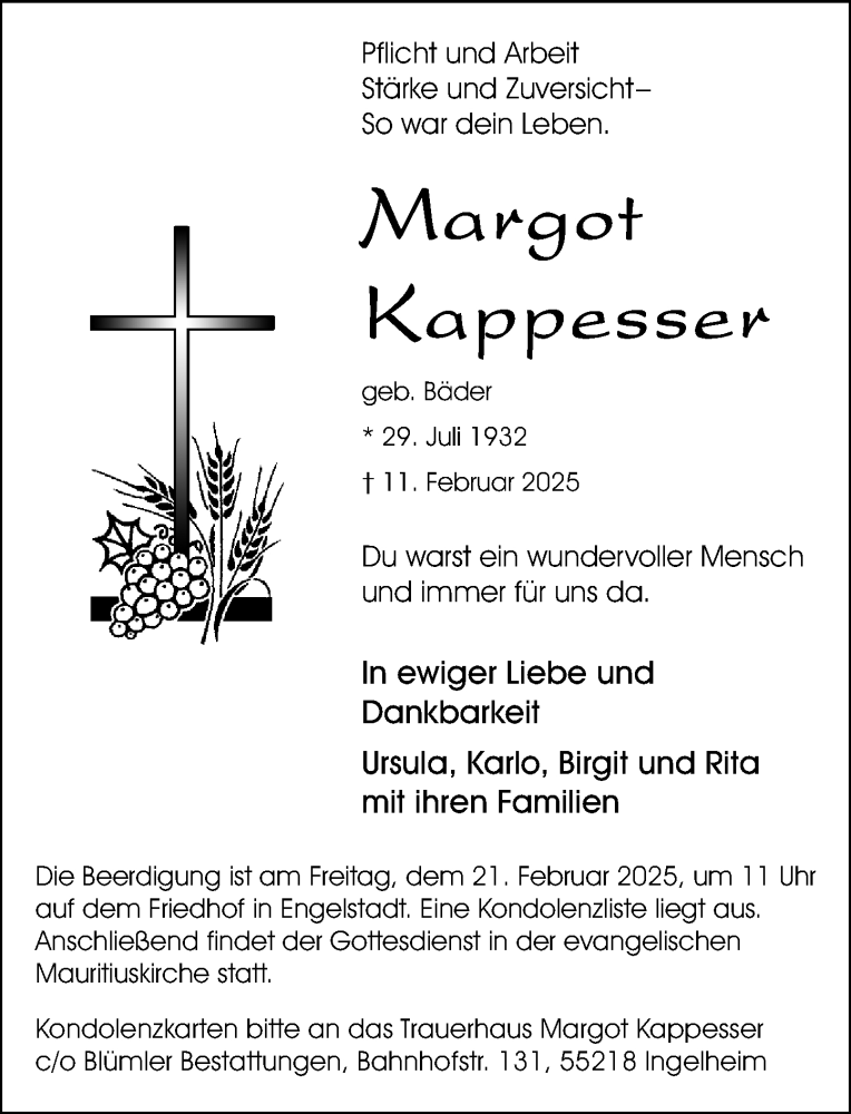  Traueranzeige für Margot Kappesser vom 19.02.2025 aus Allgemeine Zeitung Rheinhessen-Nahe