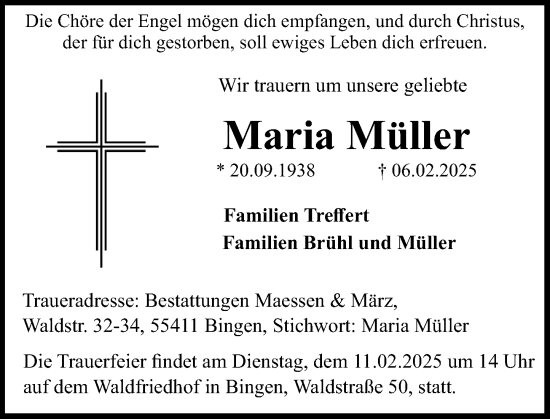 Traueranzeige von Maria Müller von Allgemeine Zeitung Rheinhessen-Nahe