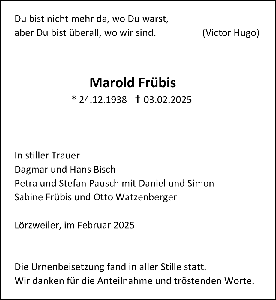  Traueranzeige für Marold Frübis vom 22.02.2025 aus Allgemeine Zeitung Mainz