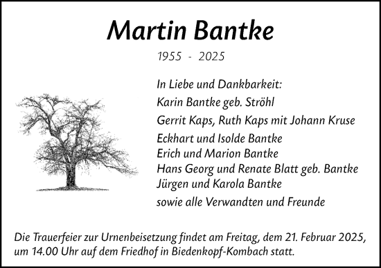 Traueranzeige von Martin Bantke von Hinterländer Anzeiger