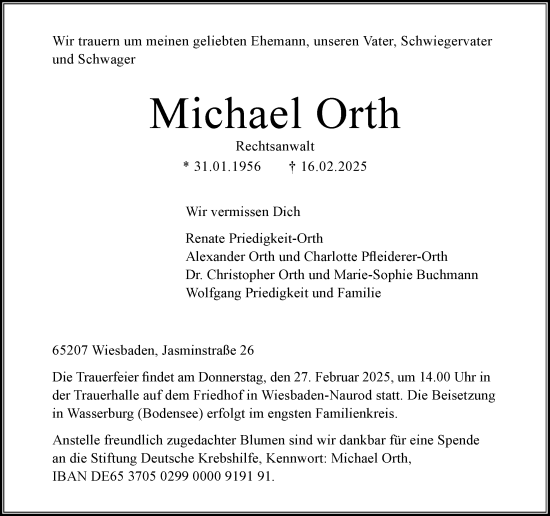 Traueranzeige von Michael Orth von Wiesbadener Kurier