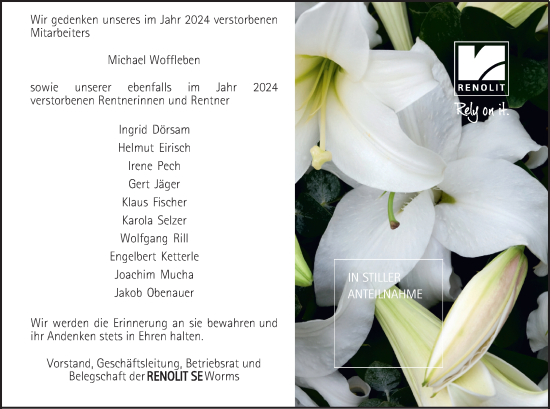 Traueranzeige von Michael Woffleben von Wormser Zeitung