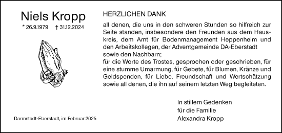 Traueranzeige von Niels Kropp von Darmstädter Echo