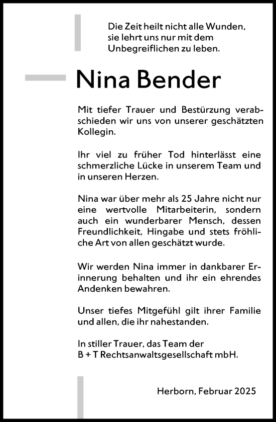 Traueranzeige von Nina Bender von Dill Block