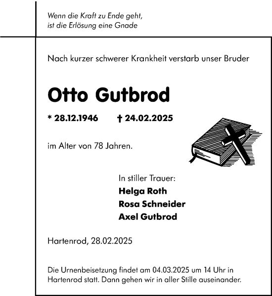 Traueranzeige von Otto Gutbrod von Hinterländer Anzeiger