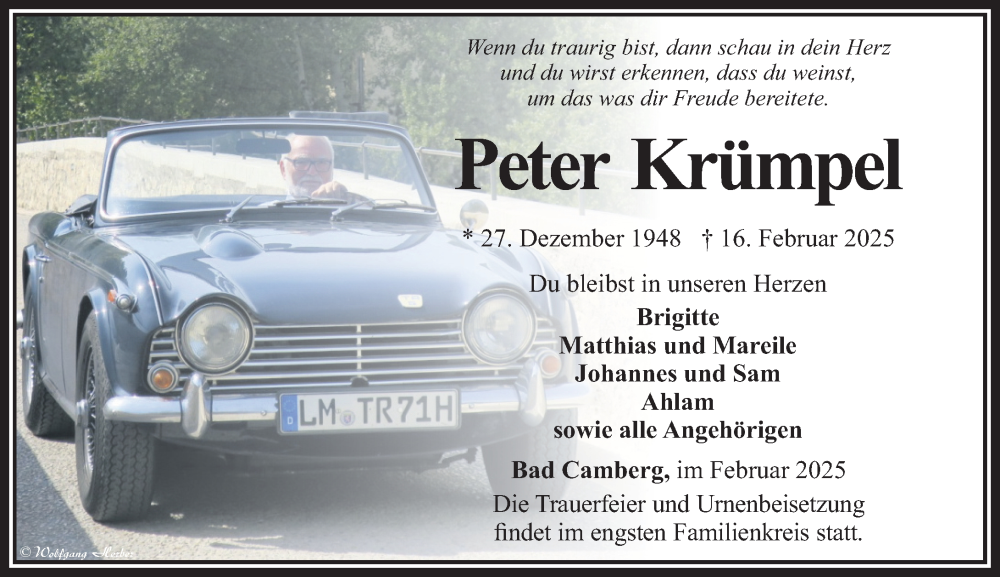  Traueranzeige für Peter Krümpel vom 27.02.2025 aus Camberger Anzeiger