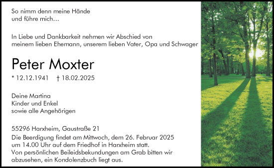Traueranzeige von Peter Moxter von Allgemeine Zeitung Mainz