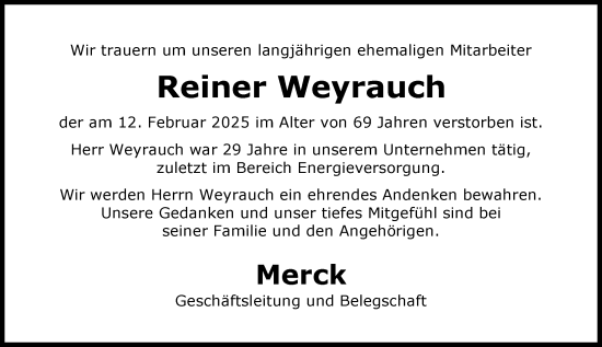 Traueranzeige von Reiner Weyrauch von Darmstädter Echo