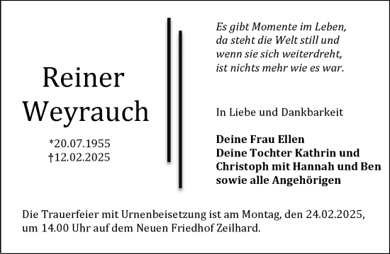 Traueranzeige von Reiner Weyrauch von Darmstädter Echo