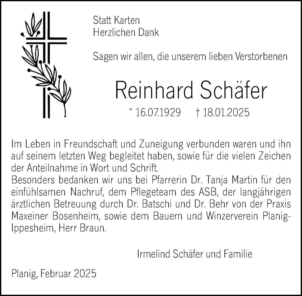  Traueranzeige für Reinhard Schäfer vom 22.02.2025 aus Allgemeine Zeitung Rheinhessen-Nahe