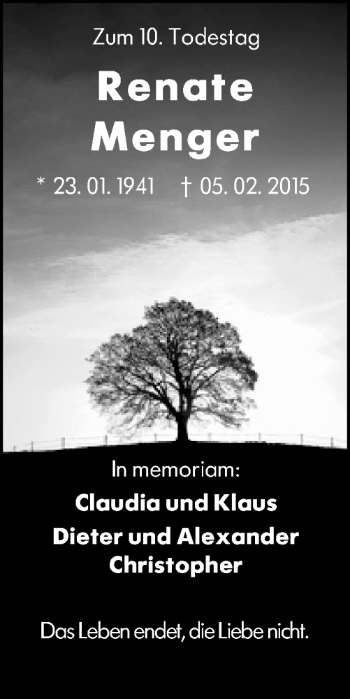 Traueranzeige von Renate Menger von Wiesbadener Kurier
