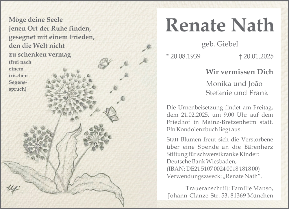  Traueranzeige für Renate Nath vom 15.02.2025 aus Allgemeine Zeitung Mainz