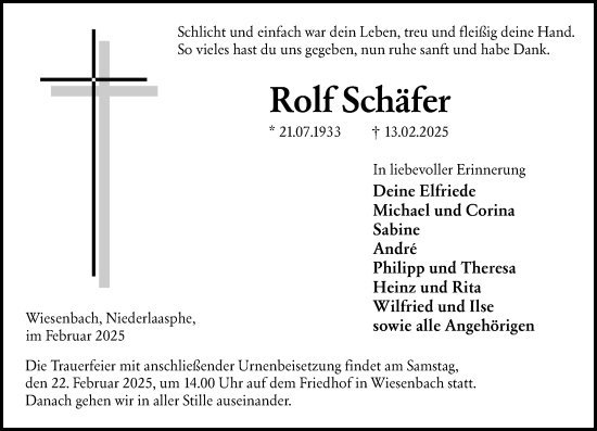 Traueranzeige von Rolf Schäfer von Hinterländer Anzeiger