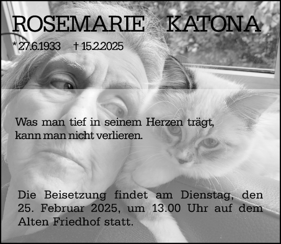 Traueranzeige von Rosemarie Katona von Hochheimer Zeitung