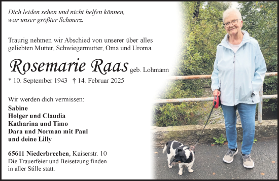Traueranzeige von Rosemarie Raas von Camberger Anzeiger
