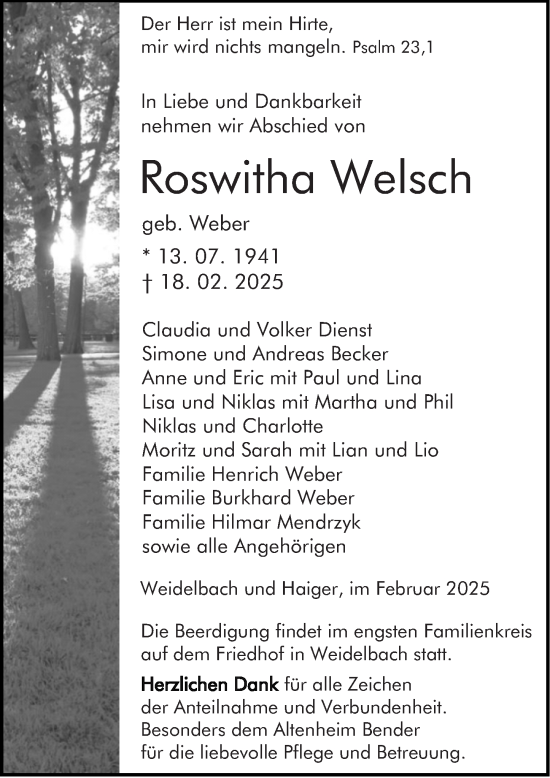 Traueranzeige von Roswitha Welsch von Dill Block