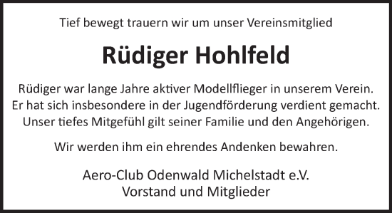 Traueranzeige von Rüdiger Hohlfeld von Odenwälder Echo