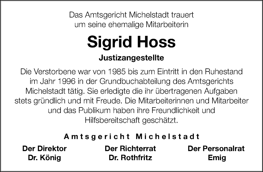  Traueranzeige für Sigrid Hoss vom 01.02.2025 aus Odenwälder Echo
